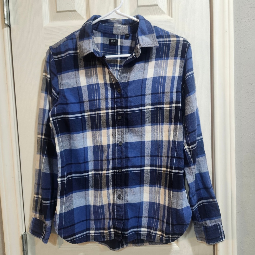 Uniqlo Blue White Plaid Flannel Button Down Shirt Womens Small 422019 Cotton